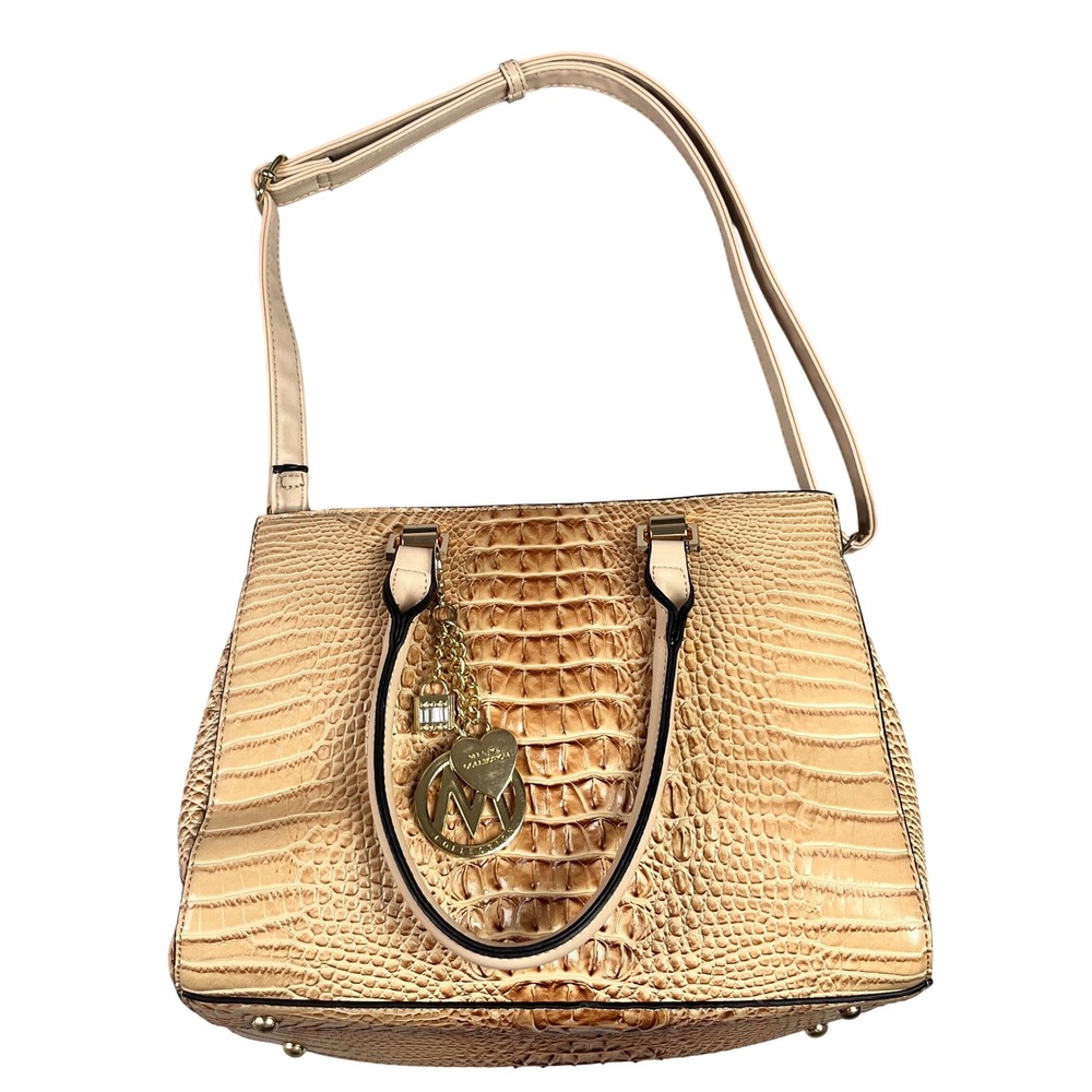 Mia K. Collection Beige Croc Embossed Satchel Crossbody Bag Gold Vegan‎ Leather